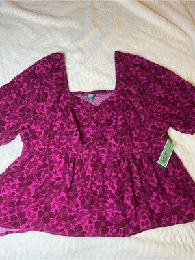 Terra & Sky Floral Peplum Top Women’s 2X 20W–22W Puff Sleeve NWT